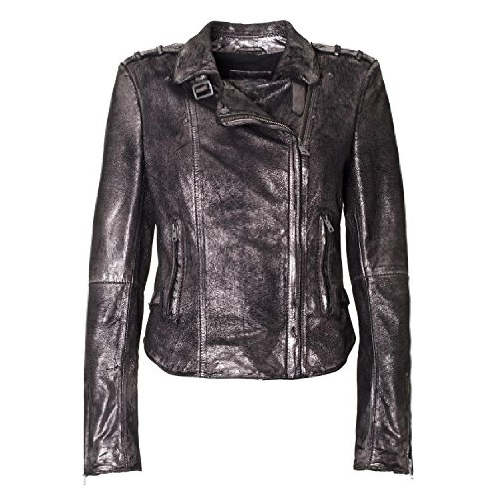 Jacke "D&uuml;sseldorf" von MaraMahr im Biker-Stil und Metallic-Look aus weichem Lammleder f&uuml;r Damen in Silber/Schwarz 